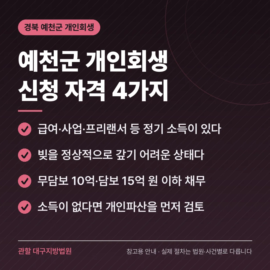 경북 예천군 개인회생 신청 자격 4가지 경북 예천군 개인회생 신청 자격 4가지
