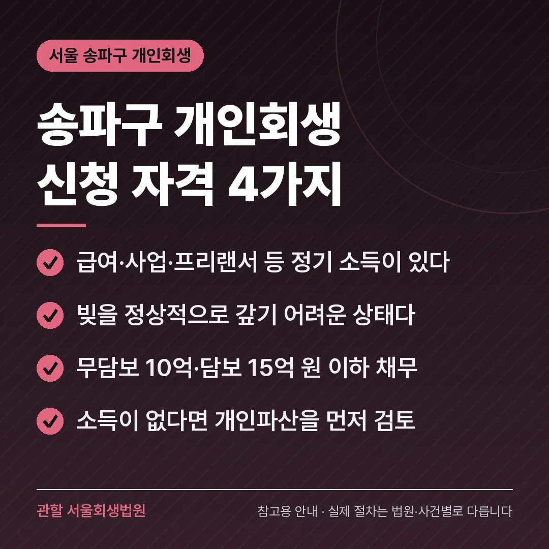 서울 송파구 개인회생 신청 자격 4가지 서울 송파구 개인회생 신청 자격 4가지