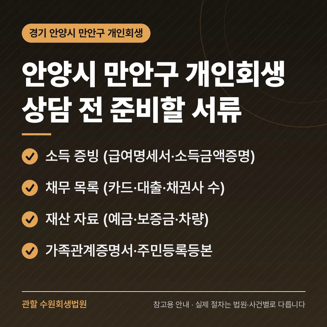 경기 안양시 만안구 개인회생 상담 전 준비 서류 경기 안양시 만안구 개인회생 상담 전 준비 서류